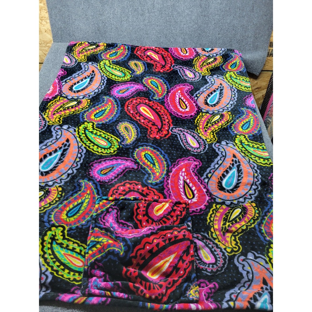 Vera Bradley Neon Paisley Plush Throw Blanket Black Pink Blue Foldable Pocket